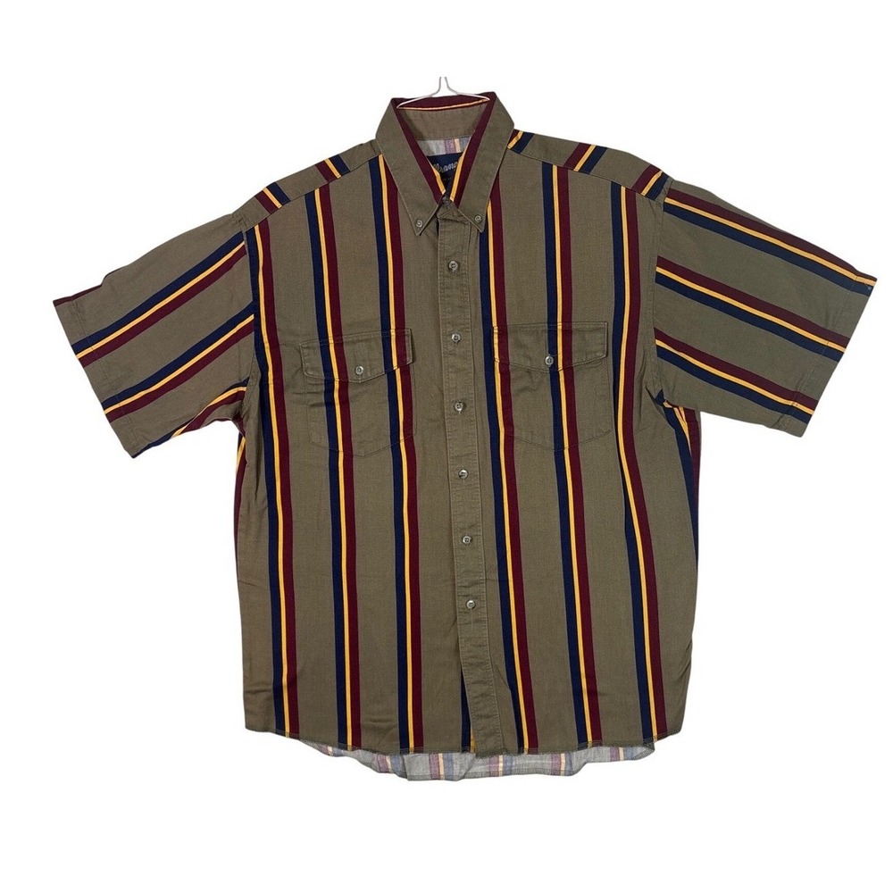 Wrangler Western Shirts Mens Large Striped Short Sleeve Button Down Olive Cotton